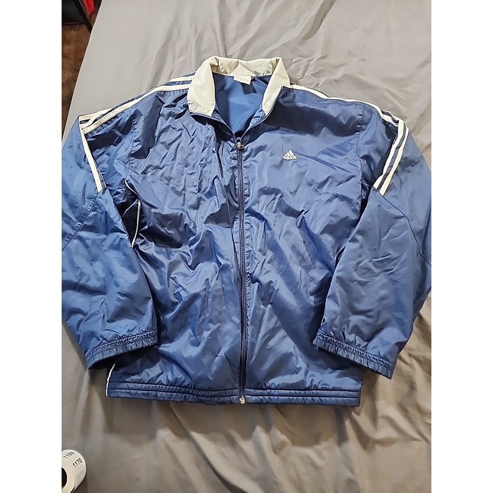 Mens Adidas Zipdown Striped Waterproof lined Jacket Size XL Navy W Grey White